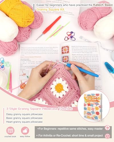 Image of Katech Crochet Kit for Beginners-Crochet Kit for Adults Learn to Crochet Daisy Granny Square Pillowcase, Knitting Starter Kit for Beginners w /Step-by-Step Instructions 920yds Granny Square Yarn