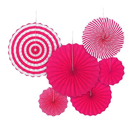 JTGJ 6pcs/Set Paper Fan Charm Colorful Hanging Flower Paper Fan Round Set Birthday Party Wedding Festival Decoration Event Supplies (red)