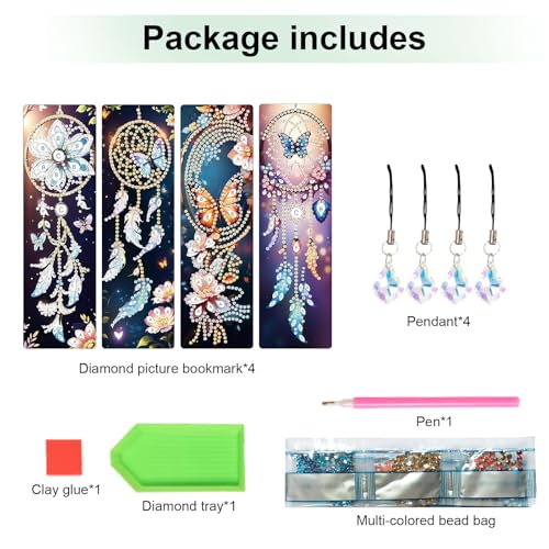 Image of 4 Pack Diamond Painting Bookmarks for Adults, 5D DIY Diamond Art Bookmark Kit with Tassels, Rhinestone Craft Supplies for Reading Lovers, Dreamcatcher & Butterfly Designs