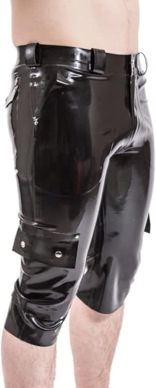 Black Sexy Long Leg Latex Boxer Shorts with Zipper and Pockets Rubber Briefs Bottoms,Custom Color,Small