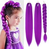 Purple Braiding Hair 24 Inch 3 Packs Braiding Hair Pre Stretched Colored Hair Extensions for Twist or Box Braids Hot Water Setting Soft Yaki Texture Long Synthetic Crochet Braids(24Inch, Purple)