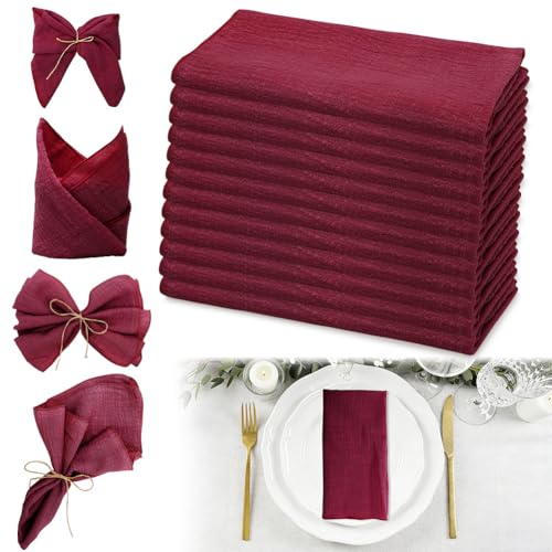Lot de 12 serviettes en tissu bordeaux 43 x 43 cm Serviettes en tissu coton avec 10 m de ficelle, serviettes en coton doux pour décoration de table, mariage,...