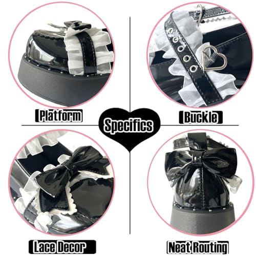 Women Y2K Kawaii Lolita Harajuku Goth Round Toe Chunky Heels White Lace Knot-Bow Decor Mary Jane Platform Shoes3