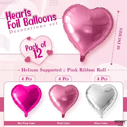 Image of KatchOn, Silver and Pink Heart Balloons- 18 Inch, Pack of 12 | Heart Shaped Balloon for Valentines Day Decorations | Galentines Balloons for Galentines Day Decorations | Happy Valentines Day Balloon