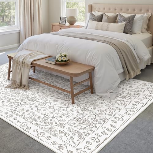 Floral Area Rug 6x9 Washable Taupe Carpet Non Slip Large Boho Thin Farmhouse Throw Accent Rug for Living Room Bedroom Office Kitchen Bathroom