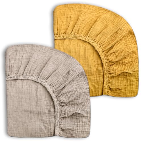 Image of Pack and Play Sheets for Baby Boy and Girl 2 Pack, Neutral Muslin Cotton Pack N Play Mattresses Sheet 27 inchx39 inch, Muslin Nursery Bedding Soft and Breathable Comfort (Beige & Mustard Yellow)