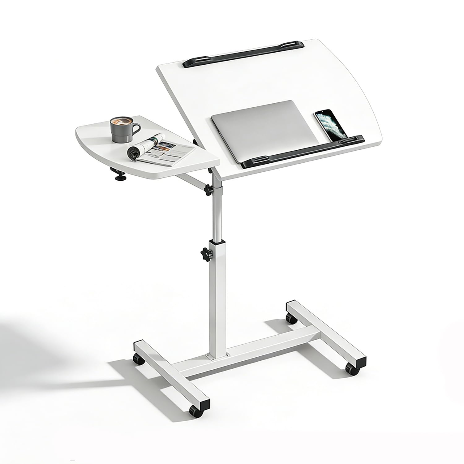 Tavolino Servitore Letto,Carrello Con Ruote Dotate Di Freno,60x40 Cm,Con 2 Barre Antiscivolo,Adatto Per Uso Con Tavolo,Divano o Letto,Supporto Per Laptop Con Altezza e Angolazione Regolabili (Bianco)