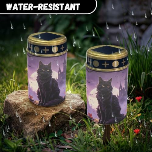 Image of Poceacles Solar Lights Outdoor Waterproof Cemetery Solar Outdoor Candle Grave Decoration Votive Candles Blessed Lights for Loss of Loves One, Black Cat Maple Leaf Bat Print Violet, Pack of 6