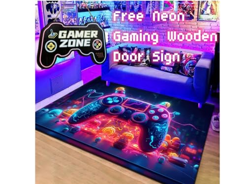 HYAXGM Alfombra de juegos para adolescentes y niños con letrero de madera de neón para puerta, alfombra antideslizante para habitación de niños, decoración de pared de videojuegos de madera,