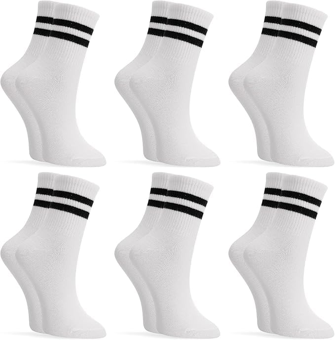 WKLOUYHE 6 Pairs Striped Crew Socks Tennis Socks Sports Socks Boy Girl White Sports White Crew Socks School Casual Work Walking_Free Size