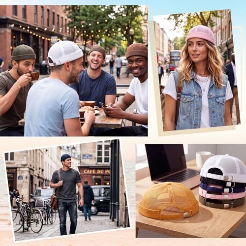 Image of Vabean 12 Pieces Brimless Hat Docker Cap Adjustable Skull Caps for Men Women Rolled Cuff Brimless Beanie Hat, Assorted Color