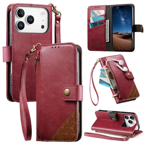 Étui iPhone 16 Pro Max rouge équipé d'un grand portefeuille zippé anti-chute