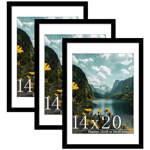 Picrit 14x20 Picture Frame 3 Pack, Black Poster Frame, Display Poster 12 x 16 with Mat or 14 x 20 without Mat for Horizontal or Vertical Wall Mounting