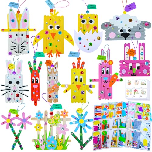 Winlyn 26 Sets Easter Craft Kits Spring Crafts DIY Craft Stick Easter Ornaments Decorations Art Sets Bunny Chick Lamb Flower Foam Stickers Arts and...