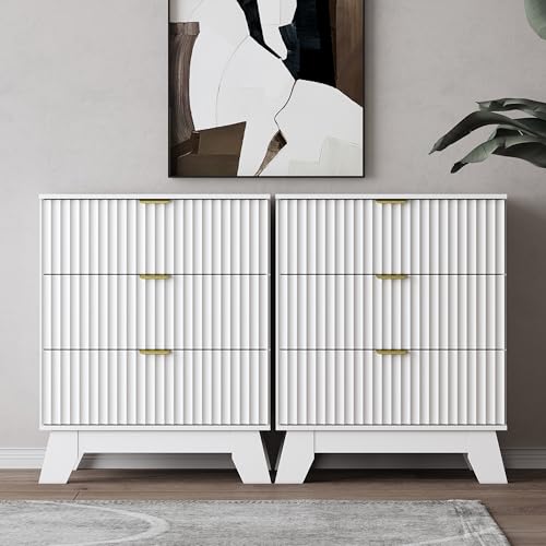 Image of Wodeer White Night Stand with 3 Drawers, Bedside Table & End Table, 24 inch Wide Mid Century Modern Fluted Wood Nightstand with Metal Handles, Farmhouse Night Stands for Bedroom