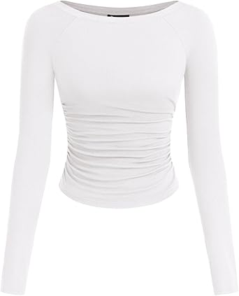 PRETTYGARDEN Long Sleeve Shirts for Women 2025 Fall Ruched Sides Boat Neck Basic Tee Casual Fitted Ribbed Knit Crop Tops