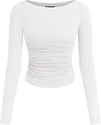 PRETTYGARDEN Long Sleeve Shirts for Women 2025 Fall Ruched Sides Boat Neck Basic Tee Casual Fitted Ribbed Knit Crop Tops