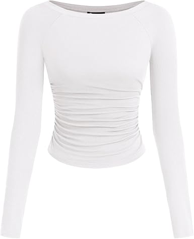 PRETTYGARDEN Long Sleeve Shirts for Women 2025 Fall Ruched Sides Boat Neck Basic Tee Casual Fitted Ribbed Knit Crop Tops