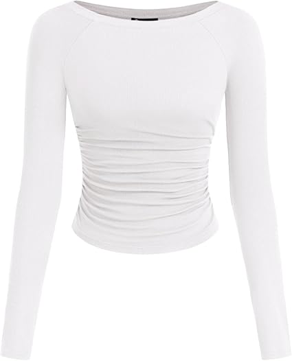 PRETTYGARDEN Long Sleeve Shirts for Women 2025 Fall Ruched Sides Boat Neck Basic Tee Casual Fitted Ribbed Knit Crop Tops