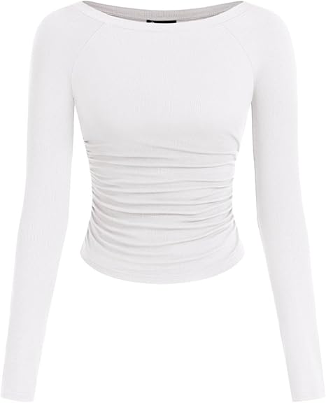PRETTYGARDEN Long Sleeve Shirts for Women 2025 Fall Ruched Sides Boat Neck Basic Tee Casual Fitted Ribbed Knit Crop Tops