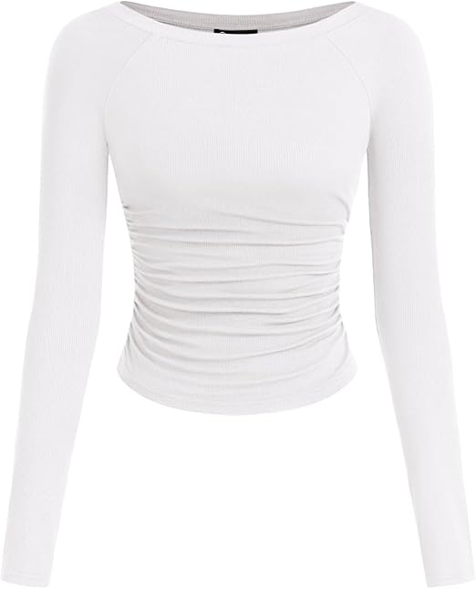 PRETTYGARDEN Long Sleeve Shirts for Women 2025 Fall Ruched Sides Boat Neck Basic Tee Casual Fitted Ribbed Knit Crop Tops