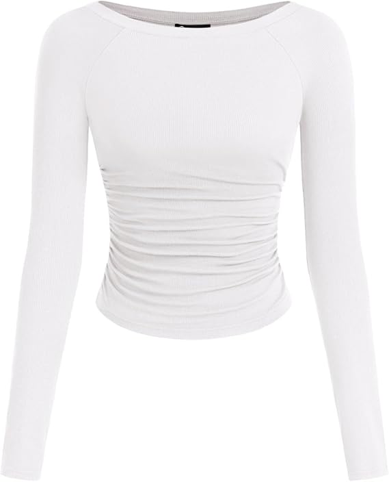 PRETTYGARDEN Long Sleeve Shirts for Women 2025 Fall Ruched Sides Boat Neck Basic Tee Casual Fitted Ribbed Knit Crop Tops