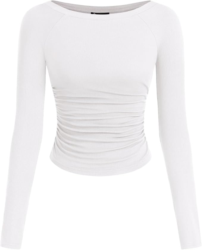PRETTYGARDEN Long Sleeve Shirts for Women 2025 Fall Ruched Sides Boat Neck Basic Tee Casual Fitted Ribbed Knit Crop Tops