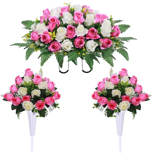 Lodou 3 Pcs Artificial Cemetery Flower Saddles, Rose Headstone Flower Saddle,Cemetery Memorial Flowers with Vase for Outdoor Grave Tombstone Decorations (Pink White) image 5