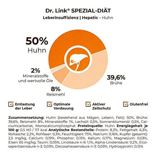 Dr. Link Spezial-Diät Hundefutter speziell für die Leber, Proteinquelle Huhn, für Hunde - Stoffwechsel, Elektrolytausgleich, Unterstützung der Leberfunktion – 6x400g