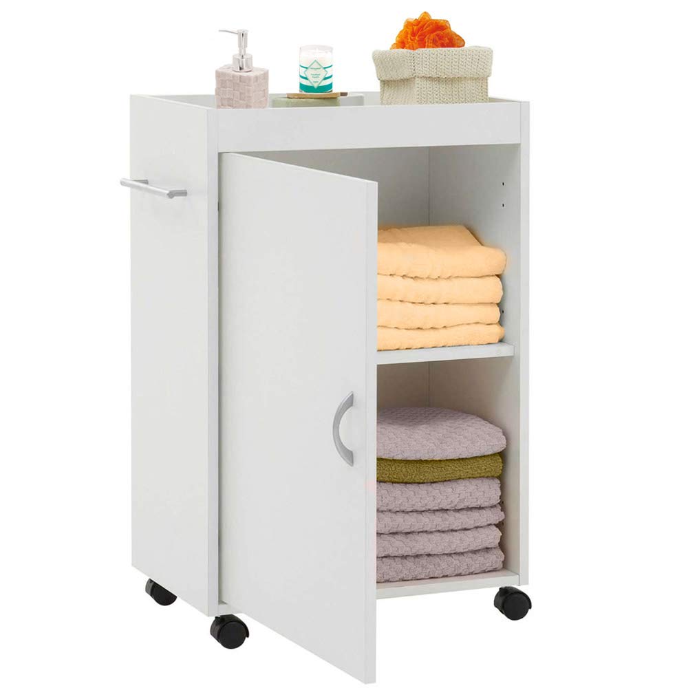 BAKAJI Carrello Bagno Cucina in Legno MDF con Anta 3 Ripiani e 4 Ruote Girevoli Dimensioni: 50 x 32 x 77,5 cm Mobiletto Trolley Salvaspazio Colore Bianco