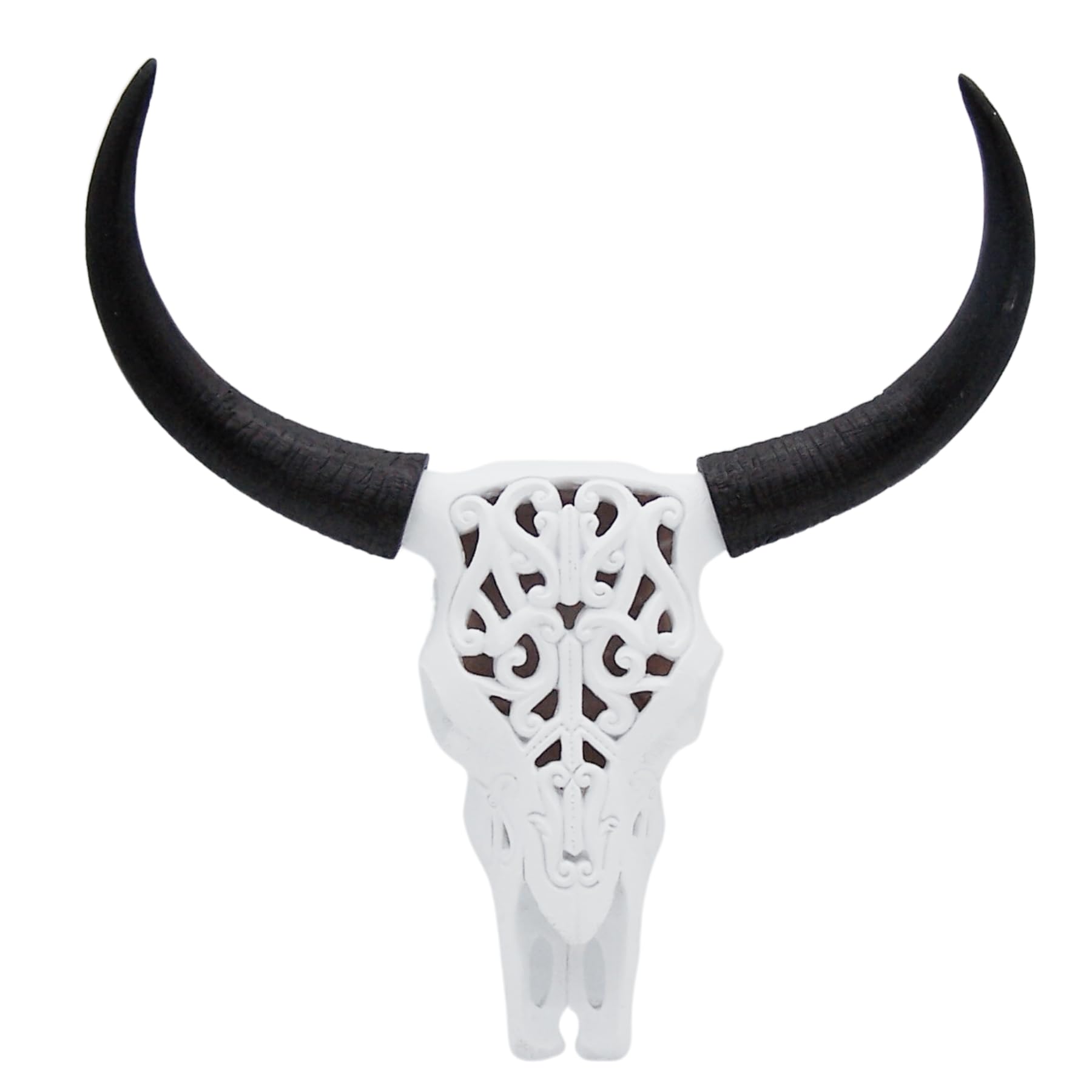 Wowser White Tooled Cow Skull with Black Horns, Tribal Wall Décor, Animal Art, 13.25 Inches