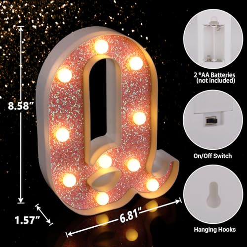 Image of LED Letter Lights Pink Glitter Marquee Letters Light Up Alphabet Letters Sign Battery Powered for Home Party Decoration Night Bar Wedding Birthday Christmas Lamp Girls Gift - Letter Q