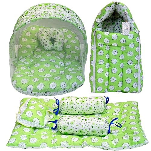 Image of Fareto Combo of Baby Bed with Net | Carry Bag | 4 Pcs Bedding Set (0-6 Months, Baby Size, Cotton) (Green Sheep)