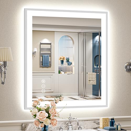 Image of 30x36 Brushed Nickel LED Bathroom Mirror with Lights, Backlit & Front-Lit, Anti-Fog, Framed Lighted Vanity Mirrors for Bathroom Wall, Dimmable, 3 Colors, Memory, Shatter-Proof, Tempered Glass