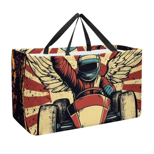 Bolsa de compras reutilizable para comestibles, plegable, bolsa de compras lavable, se mantiene vertical para picnic y camping, coches de carreras con colores vibrantes en la pista de carreras,