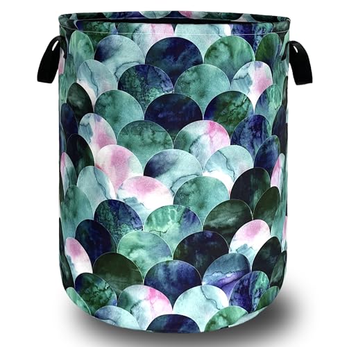 Image of Green Mermaid Scales Laundry Basket Oxford Cloth Hamper 18.9x16.5 Inch