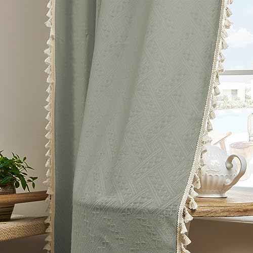 Image of Joydeco Greyish Green Boho Curtains 63 Inch Length 2 Panels Set, Boho Curtains for Bedroom Living Room, Super Soft Light Filtering Country Rustic Semi Sheer Farmhouse Curtains Rod Pocket