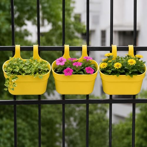 Image of Go Hooked 12 Inch Plastic Railing Hanging Planter Pot Set of 3 | Rectangular Flower Pots with Double Hook for Garden Fence Balcony Indoor Outdoor Home Decor | Durable Plant Container (Yellow)
