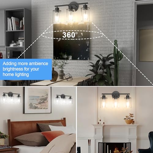 Image of Aipsun Bathroom Vanity Light Farmhouse 3 Light Matte Black Vanity Lighting Fixtures with Clear Glass Shade(Exclude Bulb)