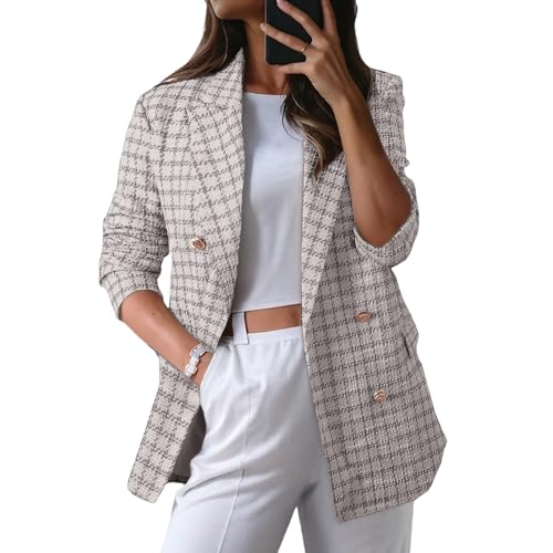 Blazers for Women Business Casual Plaid Buttoned Lapel Collar Blazer Long Sleeve Open Front Work Office Suit Jacket