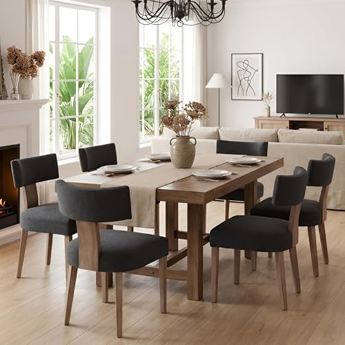 Image of HNY Mid Century Modern Dining Chairs Set of 6, Farmhouse Linen Upholstered Accent Chairs Curved Backrest Kitchen Chairs, with Hardwood Frame, Charcoal