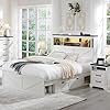 Farmhouse full size wood bed frame with 52 tall storage headboard and 4 drawersled lightcharging stationsolid wood slats supportnoiselessno box spring neededwhite  urban country home decor
