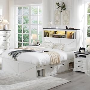 Farmhousefullsizewoodbedframewith52tallstorageheadboardand4drawersledlightchargingstationsolidwoodslatssupportnoiselessnoboxspringneededwhite Urban Country Home Decor Farmhouse full size wood bed frame with 52 tall storage headboard and 4 drawersled lightcharging stationsolid wood slats supportnoiselessno box spring neededwhite urban country home decor