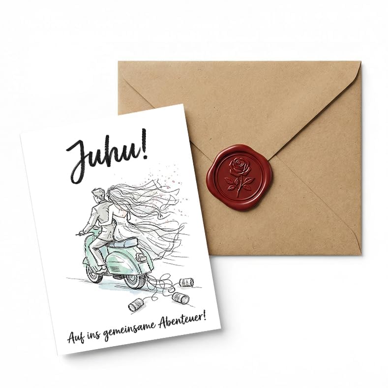 Tarjeta de boda con sobre, elegante tarjeta de felicitación de boda para los recién casados, diseño romántico de scooter para aventuras conjuntas, tarjeta moderna para bodas (12 x 18 cm)
