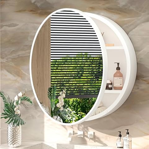 TokeShimi 24 Inch Round Bathroom Medicine Cabinet with Mirror Surface Mount Only Circular White Framed Farmhouse Medicine Cabinets for Wall Small Circle Mirrored Bath Cabinet with Vanity Mirror Cover