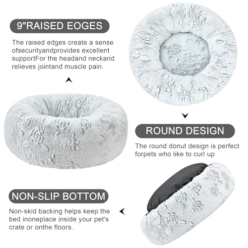 Image of Dog Calming Beds for Small Medium Large Dogs - Round Donut Washable Puppy Dog Bed, Anti-Slip Faux Fur Fluffy Donut Cuddle Anxiety Cat Pet Bed (36 inch Rose)