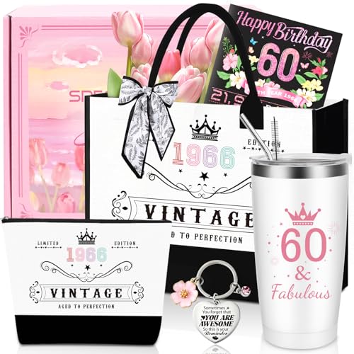 60th Birthday Gifts for Women Unique 60 Years Old Birthday Include 20 Oz Stainless Steel Tumbler with Straw Gifts for Wife Aunt Sister Friends Her Fashion 1966 Handbag Cosmetic Bag Born in 1966 Card