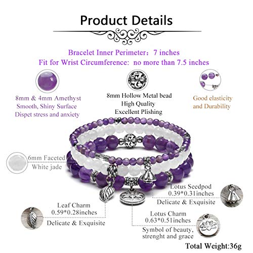 Jovivi 3Pcs Amethyst Crystal Beaded Chakra Bracelet Natural Healing Energy Beads Stone Therapy Reiki Stackable Stretch Bracelets Set For Women #TOP4
