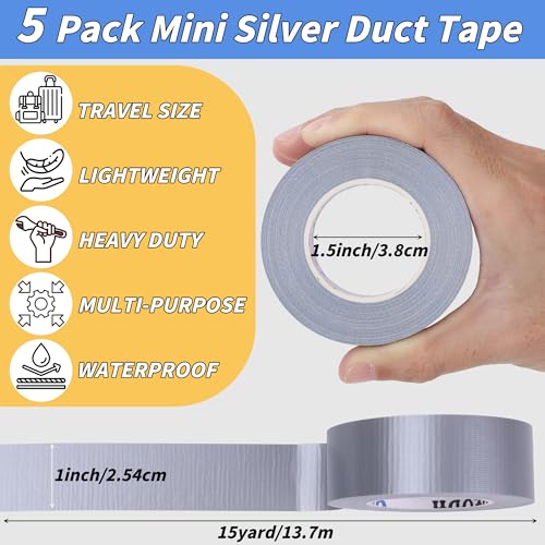 Image of 5 Pack Mini Silver Duct Tape, 1 inch X 75 Yards Travel Size Duct Tape, Pocket Size Heavy Duty Waterproof No Residue Tear by Hand, Multi-Use for Indoor & Outdoor Repairs, travel camping DIY projects