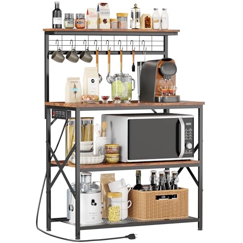 Image of Furologee Kitchen Bakers Rack with Power Outlet,Coffee Stand with Storage 4 Tiers,Coffee Bar Station with a 31.5 Inch Larger Desktop and 8 S Hooks,Kitchen Microwave Rack for Spices,Pots,Rustic Brown